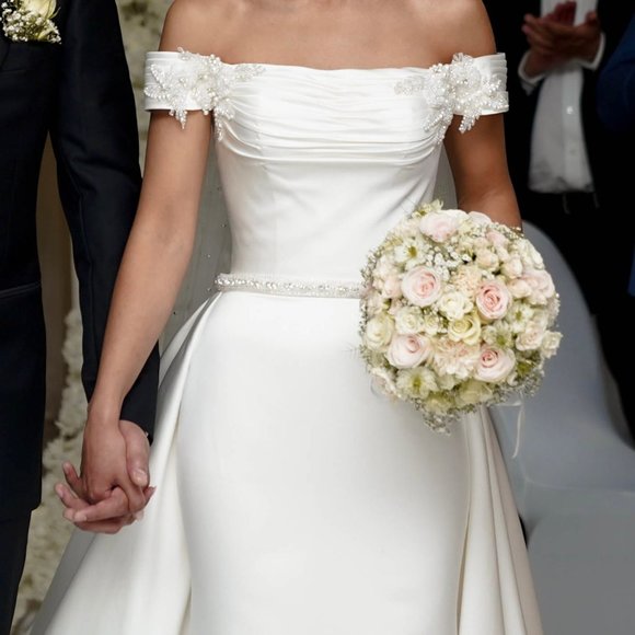 Sima Couture Satin Off the Shoulder Wedding Dress - Picture 3 of 5